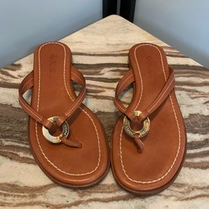 LORO PIANA camel tan lthr flat thong sandal shoe